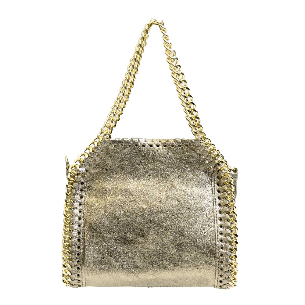 Laura Di Maggio LUMI – Borsa con catene in pelle laminata platino 2025