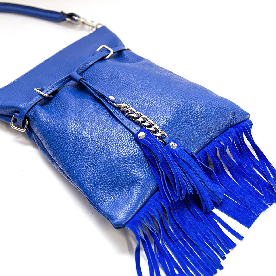 Laura Di Maggio LIMA – borsa sottile in pelle dollaro con frange blu Spedizione Gratuita