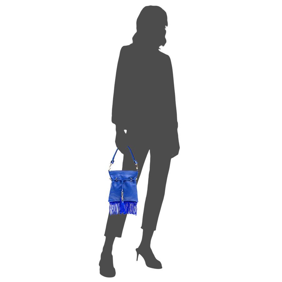 Laura Di Maggio LIMA – borsa sottile in pelle dollaro con frange blu Spedizione Gratuita