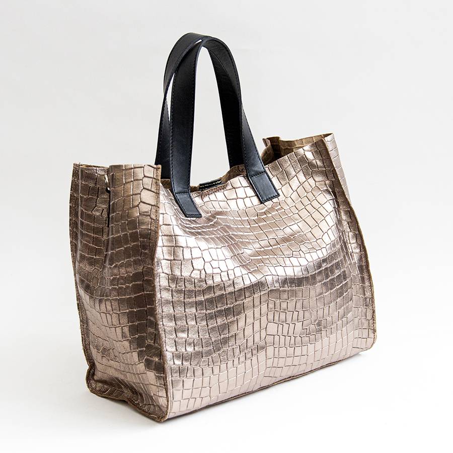Laura Di Maggio DIAMANTE – shopping in pelle stampa cocco laminata bronzo Vendita Calda