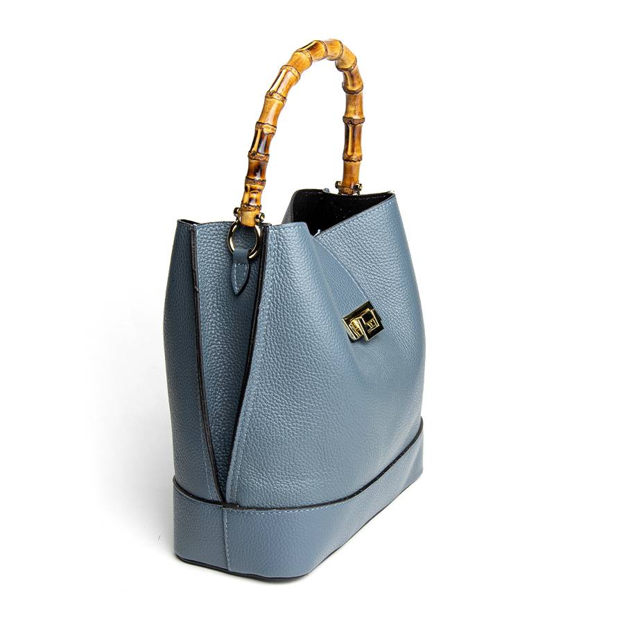 Laura Di Maggio SOHO – secchiello in pelle avio con manici in bamboo Nuova