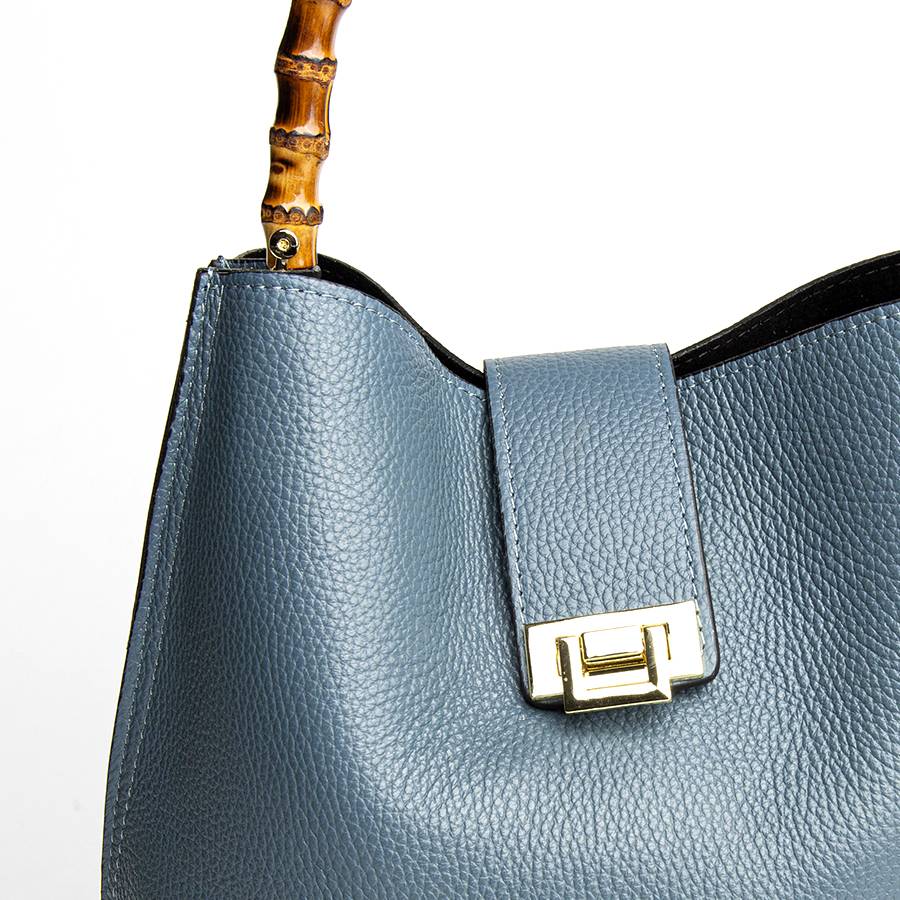 Laura Di Maggio SOHO – secchiello in pelle avio con manici in bamboo Nuova