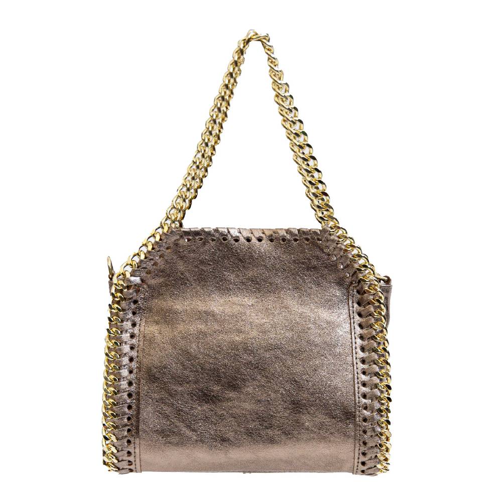 Laura Di Maggio LUMI – Borsa con catene in pelle laminata bronzo Promozione temporanea