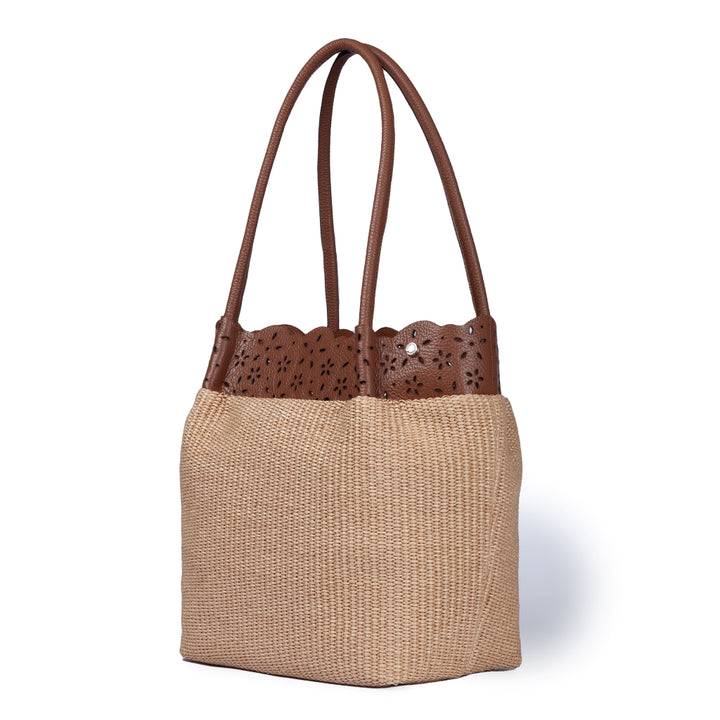 Roberta Gandolfi Diletta Shopping - Tote in rafia con balza in pelle laserata con tracolla staccabile Affare Del Giorno