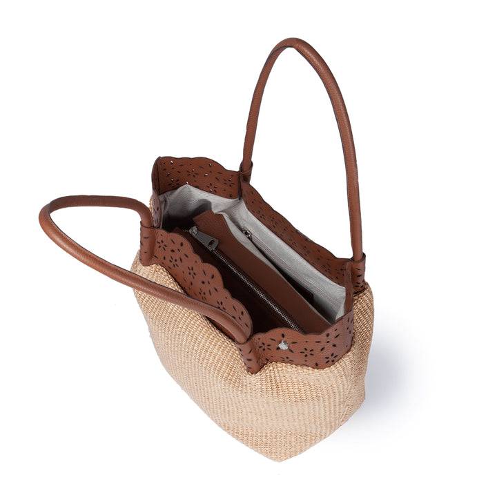 Roberta Gandolfi Diletta Shopping - Tote in rafia con balza in pelle laserata con tracolla staccabile Affare Del Giorno