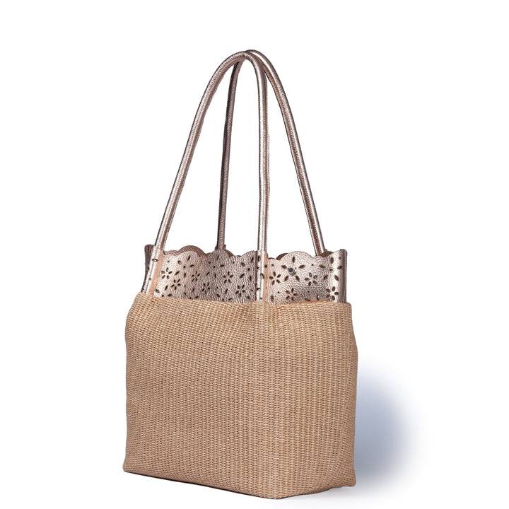 Roberta Gandolfi Diletta Shopping - Tote in rafia con balza in pelle laserata con tracolla staccabile Novità