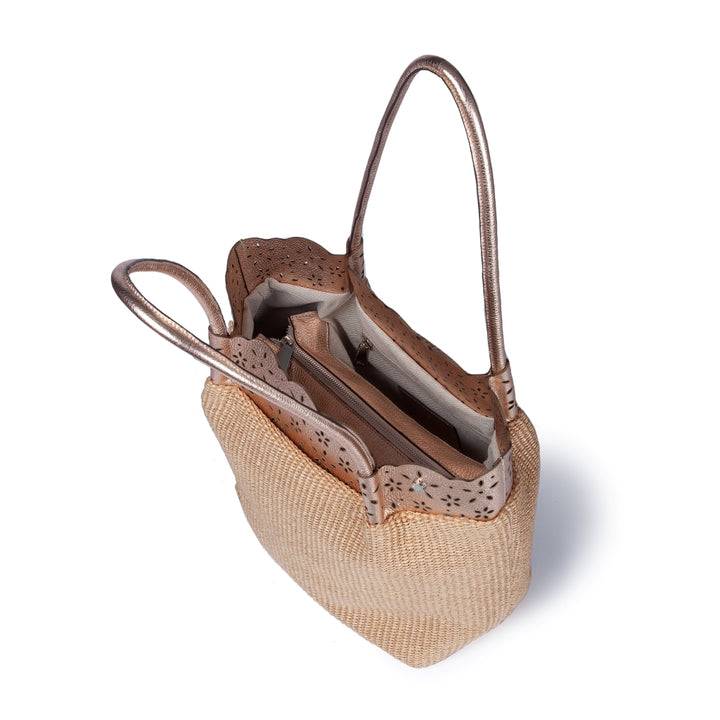 Roberta Gandolfi Diletta Shopping - Tote in rafia con balza in pelle laserata con tracolla staccabile Novità