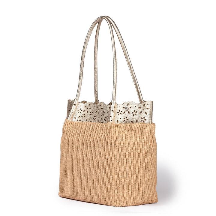 Roberta Gandolfi Diletta Shopping - Tote in rafia con balza in pelle laserata con tracolla staccabile Economico