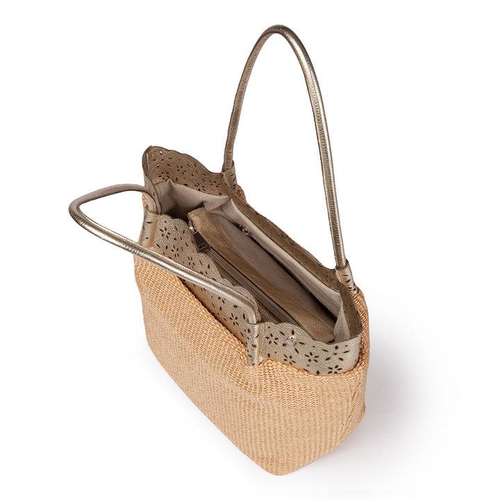 Roberta Gandolfi Diletta Shopping - Tote in rafia con balza in pelle laserata con tracolla staccabile Economico