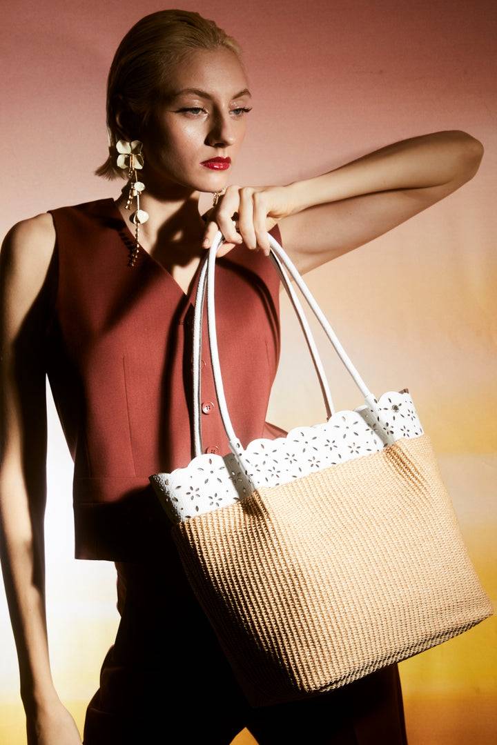 Roberta Gandolfi Diletta Shopping - Tote in rafia con balza in pelle laserata con tracolla staccabile Economico