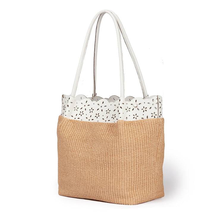 Roberta Gandolfi Diletta Shopping - Tote in rafia con balza in pelle laserata con tracolla staccabile Vendita Calda