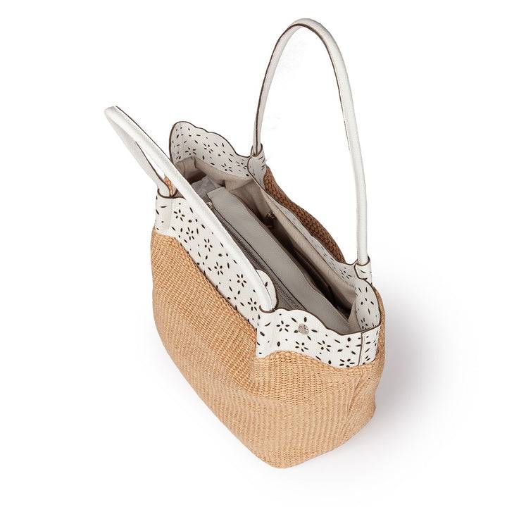 Roberta Gandolfi Diletta Shopping - Tote in rafia con balza in pelle laserata con tracolla staccabile Vendita Calda