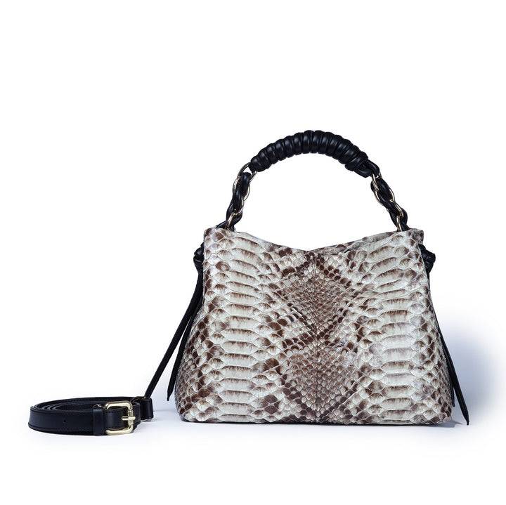 Roberta Gandolfi Amina Pitone small borsa a mano in pitone con finiture in pelle manico tubolare fasciato e tracolla staccabile