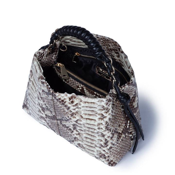 Roberta Gandolfi Amina Pitone small borsa a mano in pitone con finiture in pelle manico tubolare fasciato e tracolla staccabile 2025