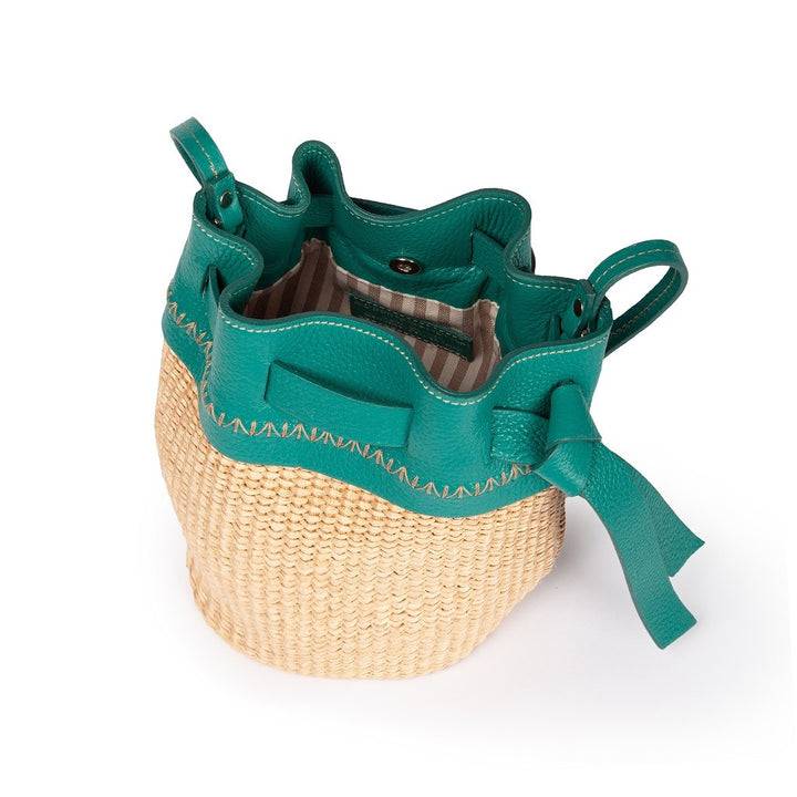 Roberta Gandolfi Ambra mini bucket in rafia e pelle martellata Sconto