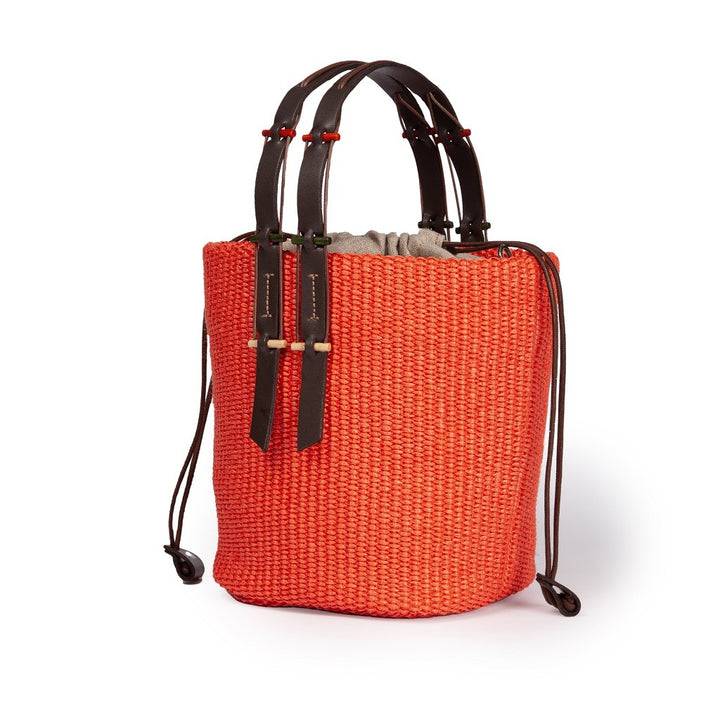 Roberta Gandolfi Fernanda Bucket in rafia con finiture in pelle di vitello con tracolla staccabile Vendita Calda