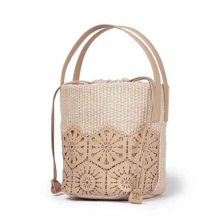 Roberta Gandolfi Giulia Bucket in rafia e pelle il pannello tagliato al laser è interamente cucito a mano con tracolla staccabile Saldi Di Fabbrica