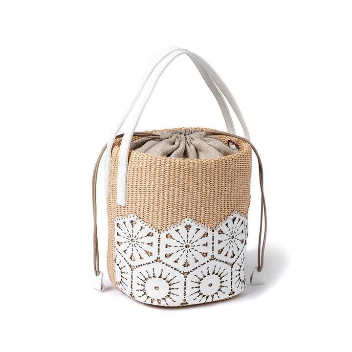 Roberta Gandolfi Giulia Bucket in rafia e pelle il pannello tagliato al laser è interamente cucito a mano con tracolla staccabile Nuovo