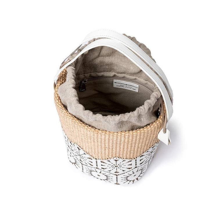 Roberta Gandolfi Giulia Bucket in rafia e pelle il pannello tagliato al laser è interamente cucito a mano con tracolla staccabile Nuovo