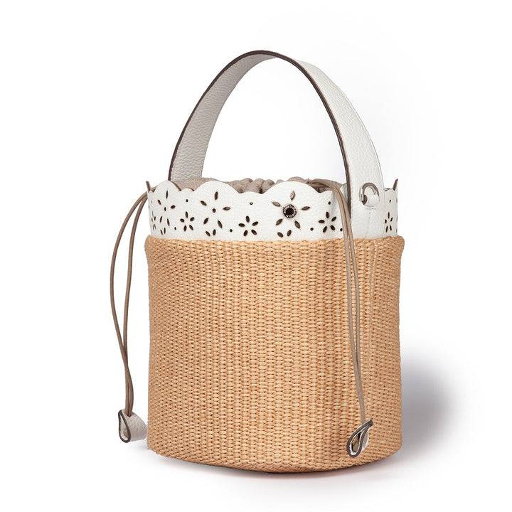 Roberta Gandolfi Diletta Bucket in rafia con balza in pelle laserata con tracolla staccabile Qualità