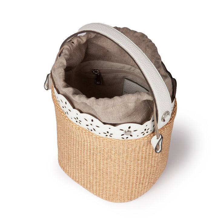 Roberta Gandolfi Diletta Bucket in rafia con balza in pelle laserata con tracolla staccabile Qualità