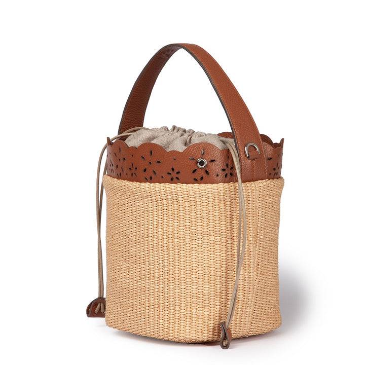 Roberta Gandolfi Diletta Bucket in rafia con balza in pelle laserata con tracolla staccabile Vendita