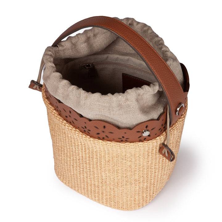 Roberta Gandolfi Diletta Bucket in rafia con balza in pelle laserata con tracolla staccabile Vendita