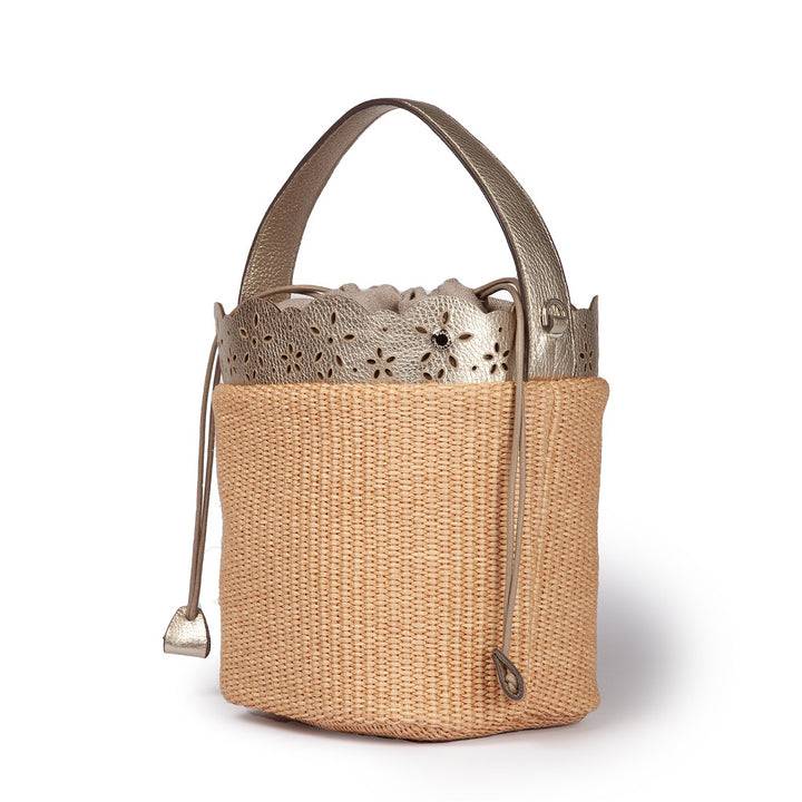 Roberta Gandolfi Diletta Bucket in rafia con balza in pelle laserata con tracolla staccabile Promozione