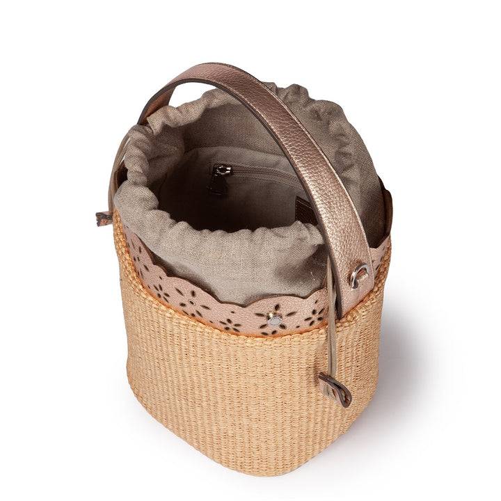 Roberta Gandolfi Diletta Bucket in rafia con balza in pelle laserata con tracolla staccabile Spedizione Gratuita