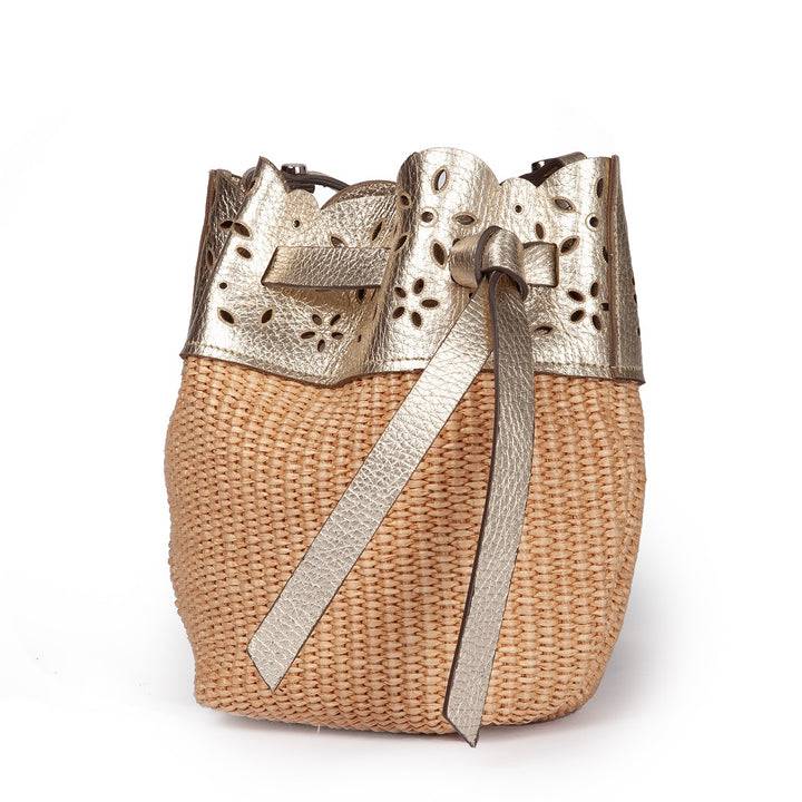 Roberta Gandolfi Diletta Mini Bucket in rafia con balza in pelle laserata con tracolla staccabile Soddisfazione Garantita