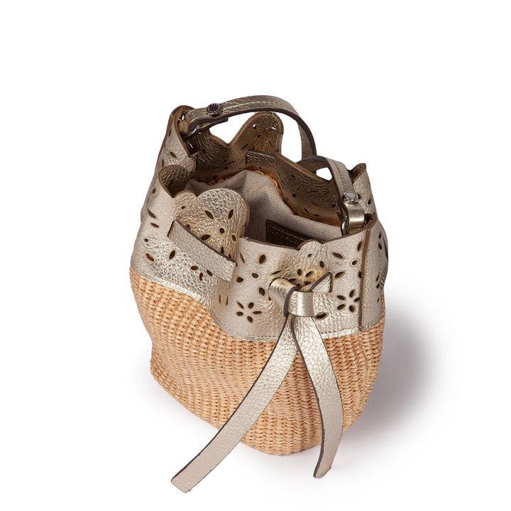 Roberta Gandolfi Diletta Mini Bucket in rafia con balza in pelle laserata con tracolla staccabile Soddisfazione Garantita