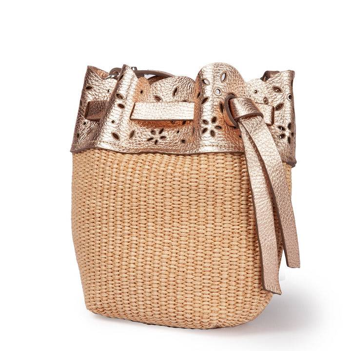 Roberta Gandolfi Diletta Mini Bucket in rafia con balza in pelle laserata con tracolla staccabile Qualità Garantita