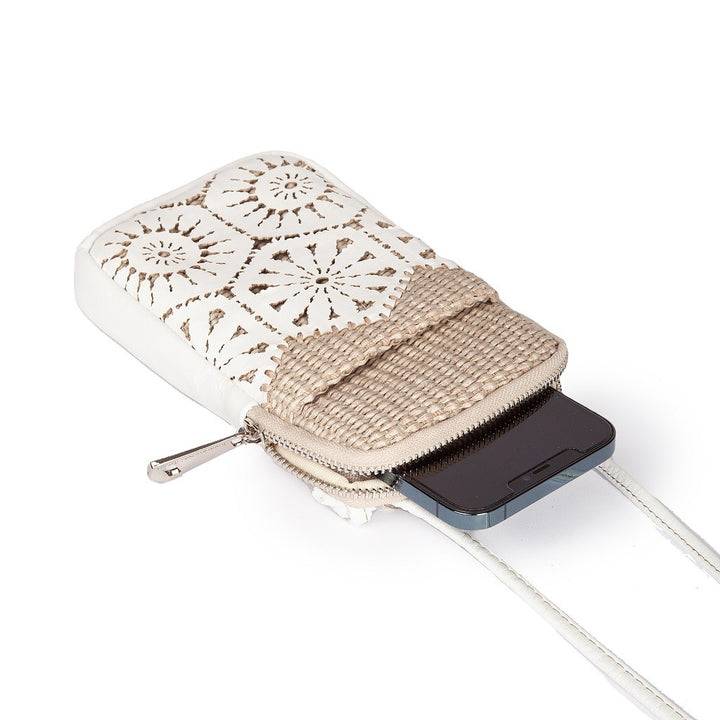 Roberta Gandolfi Giulia phone holder in rafia e pelle il pannello tagliato al laser è interamente cucito a mano con tracolla staccabile Nuova