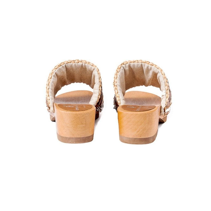 Roberta Gandolfi Sandalo Giulia platform in legno e tomaia in rafia e pelle di vitello laserata con disegno pizzo geometrico In Linea