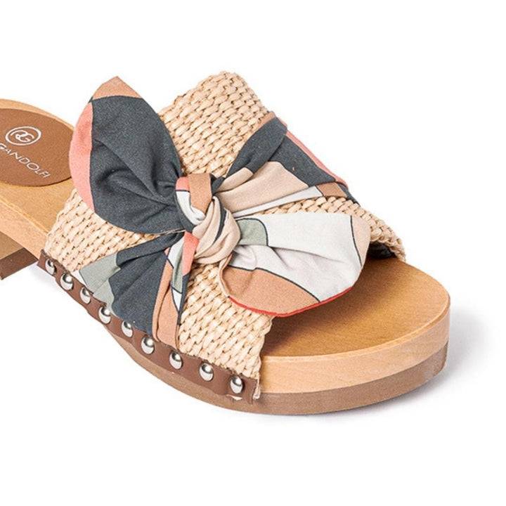 Roberta Gandolfi Lola Sixty sandali in legno con rafia e pelle di vitello con fiocco stampa sixty Nuovo