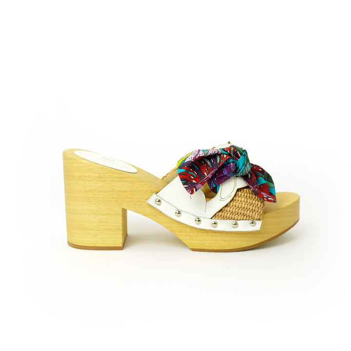 Roberta Gandolfi Diva Chain sandali in legno incrociato con platform in rafia e stampa fiocco tropical Vendita
