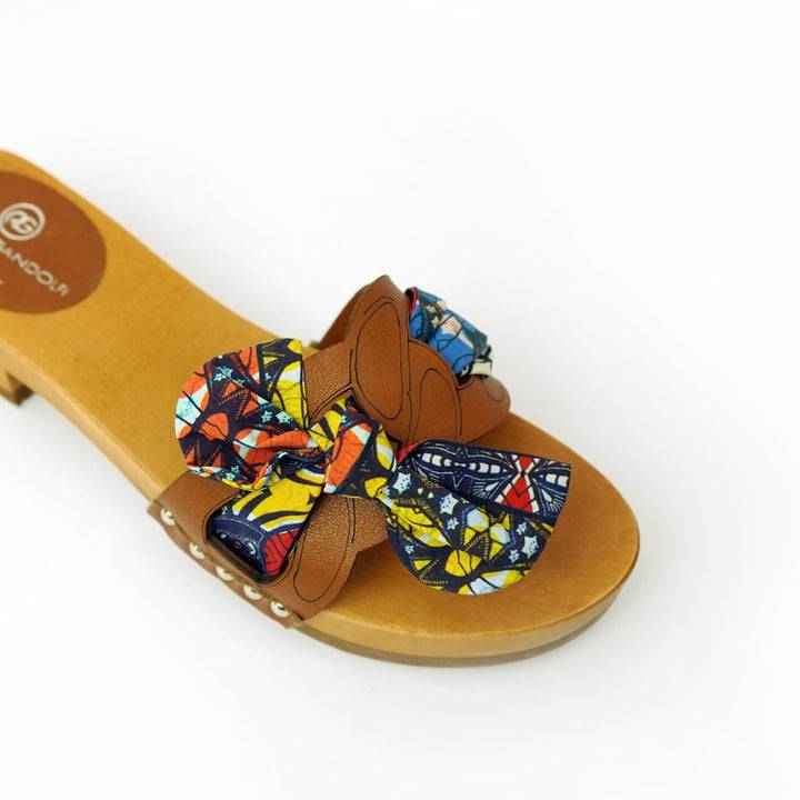Roberta Gandolfi Lola Chain sandali in legno e pelle di vitello con fiocco stampa african Promozione