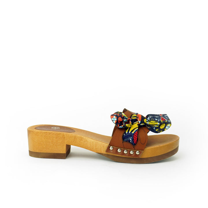 Roberta Gandolfi Lola Chain sandali in legno e pelle di vitello con fiocco stampa african Promozione