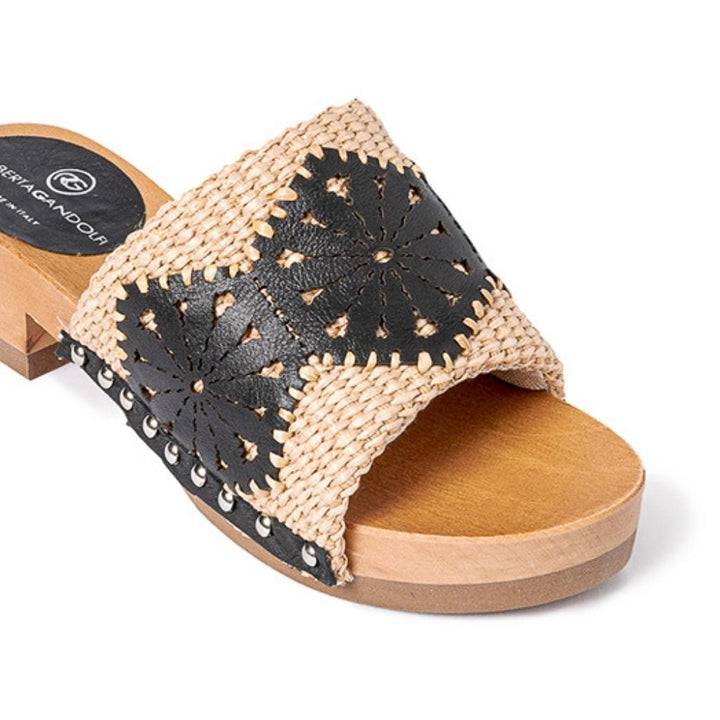 Roberta Gandolfi Sandalo Giulia platform in legno e tomaia in rafia e pelle di vitello laserata con disegno pizzo geometrico Spedizione Gratuita