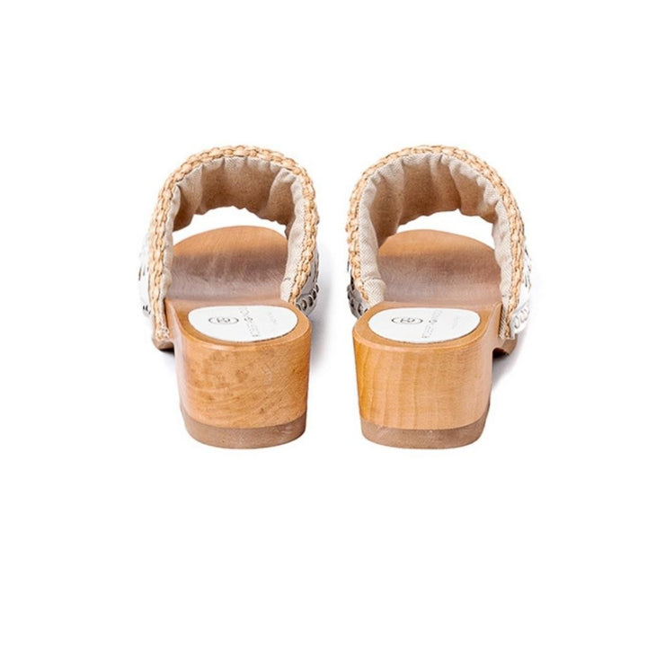 Roberta Gandolfi Sandalo Giulia platform in legno e tomaia in rafia e pelle di vitello laserata con disegno pizzo geometrico Pezzi Unici