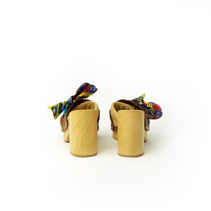 Roberta Gandolfi Diva Chain sandali in legno incrociato con platform in rafia e fiocco stamap african Qualità Garantita