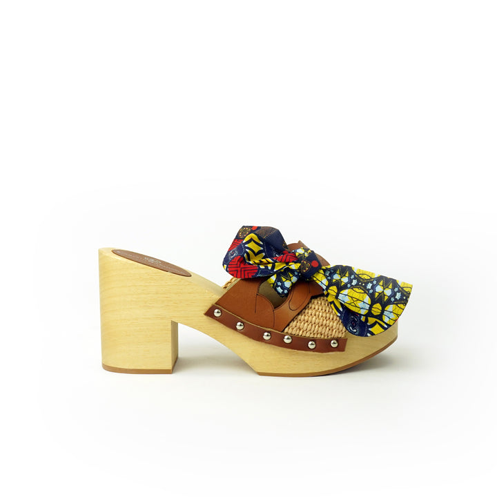 Roberta Gandolfi Diva Chain sandali in legno incrociato con platform in rafia e fiocco stamap african Qualità Garantita