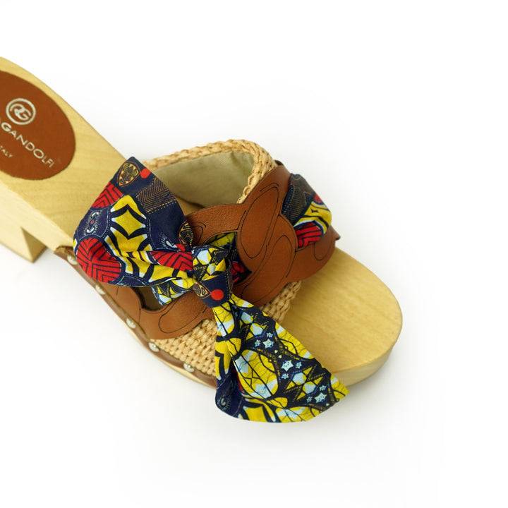 Roberta Gandolfi Diva Chain sandali in legno incrociato con platform in rafia e fiocco stamap african Qualità Garantita