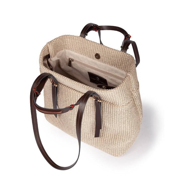 Roberta Gandolfi Fernanda Tote in rafia con finiture in pelle di vitello a doppia portabilità mano o shopping In Vendita