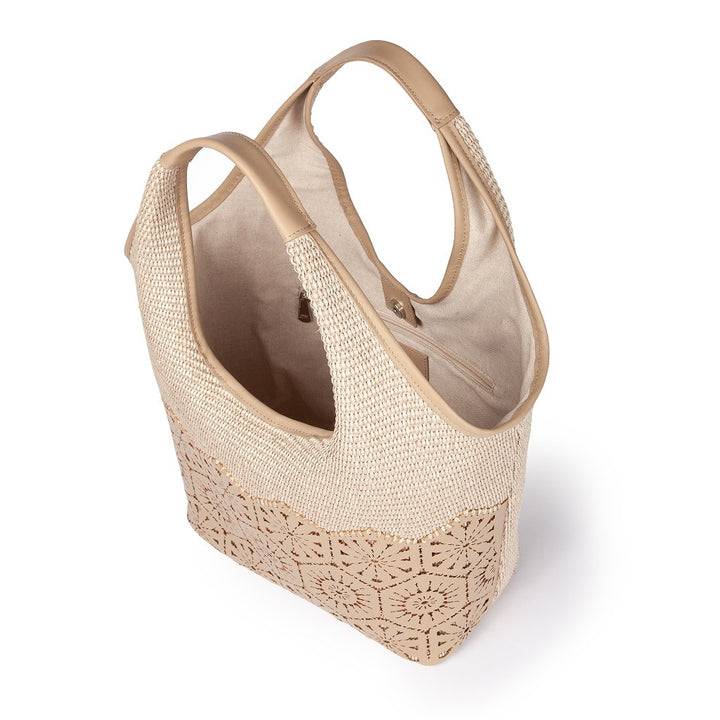 Roberta Gandolfi Giulia Hobo in rafia e pelle il pannello tagliato al laser è interamente cucito a mano Saldi Di Fabbrica