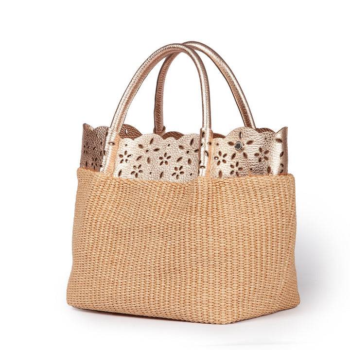 Roberta Gandolfi Diletta Handbag in rafia con balza in pelle laserata con tracolla staccabile Vendite Flash