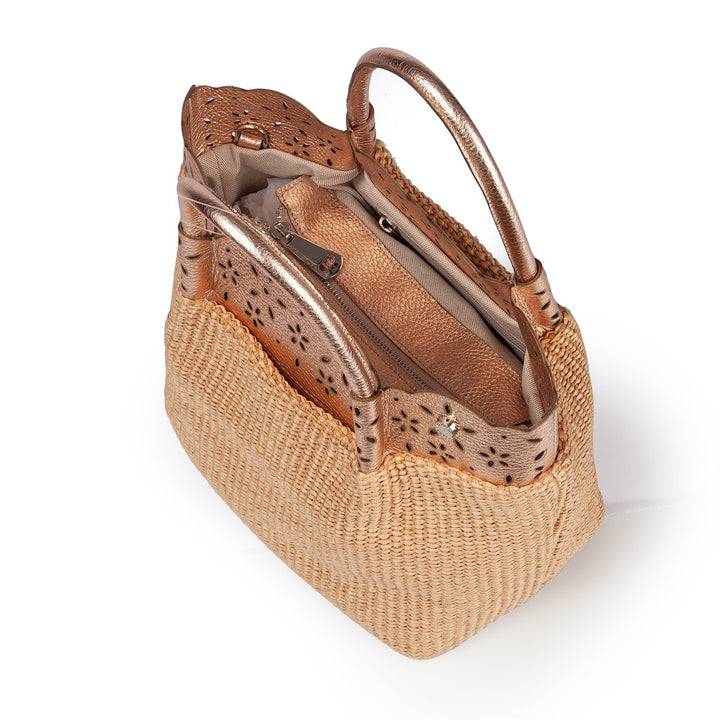 Roberta Gandolfi Diletta Handbag in rafia con balza in pelle laserata con tracolla staccabile Vendite Flash