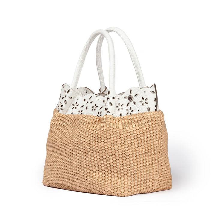 Roberta Gandolfi Diletta Handbag in rafia con balza in pelle laserata con tracolla staccabile Negozio
