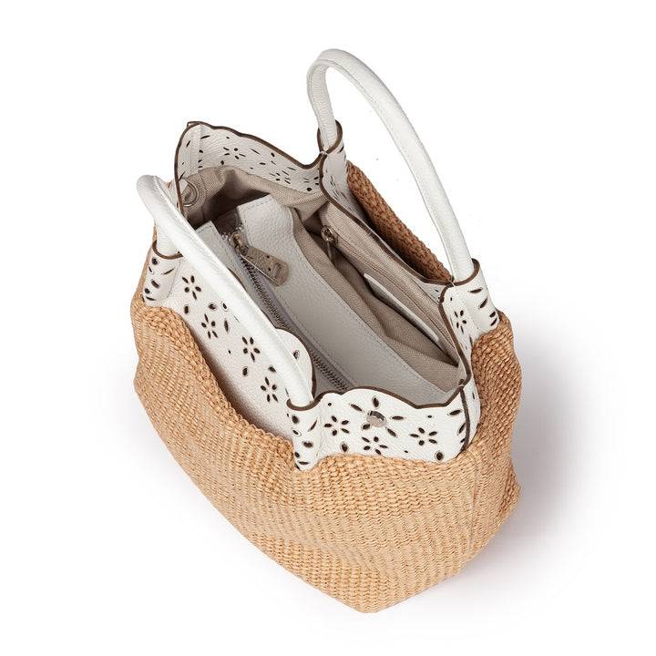 Roberta Gandolfi Diletta Handbag in rafia con balza in pelle laserata con tracolla staccabile Negozio