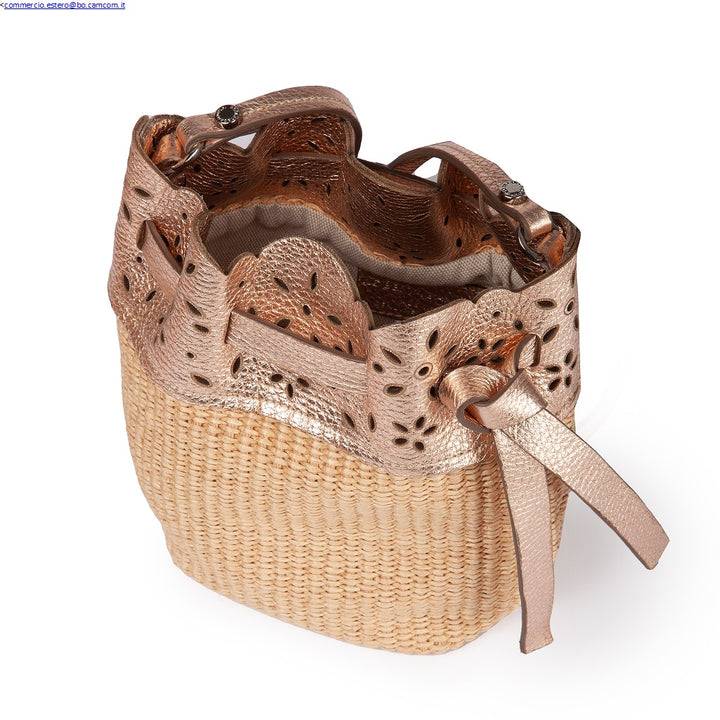 Roberta Gandolfi Diletta Mini Bucket in rafia con balza in pelle laserata con tracolla staccabile Sconto